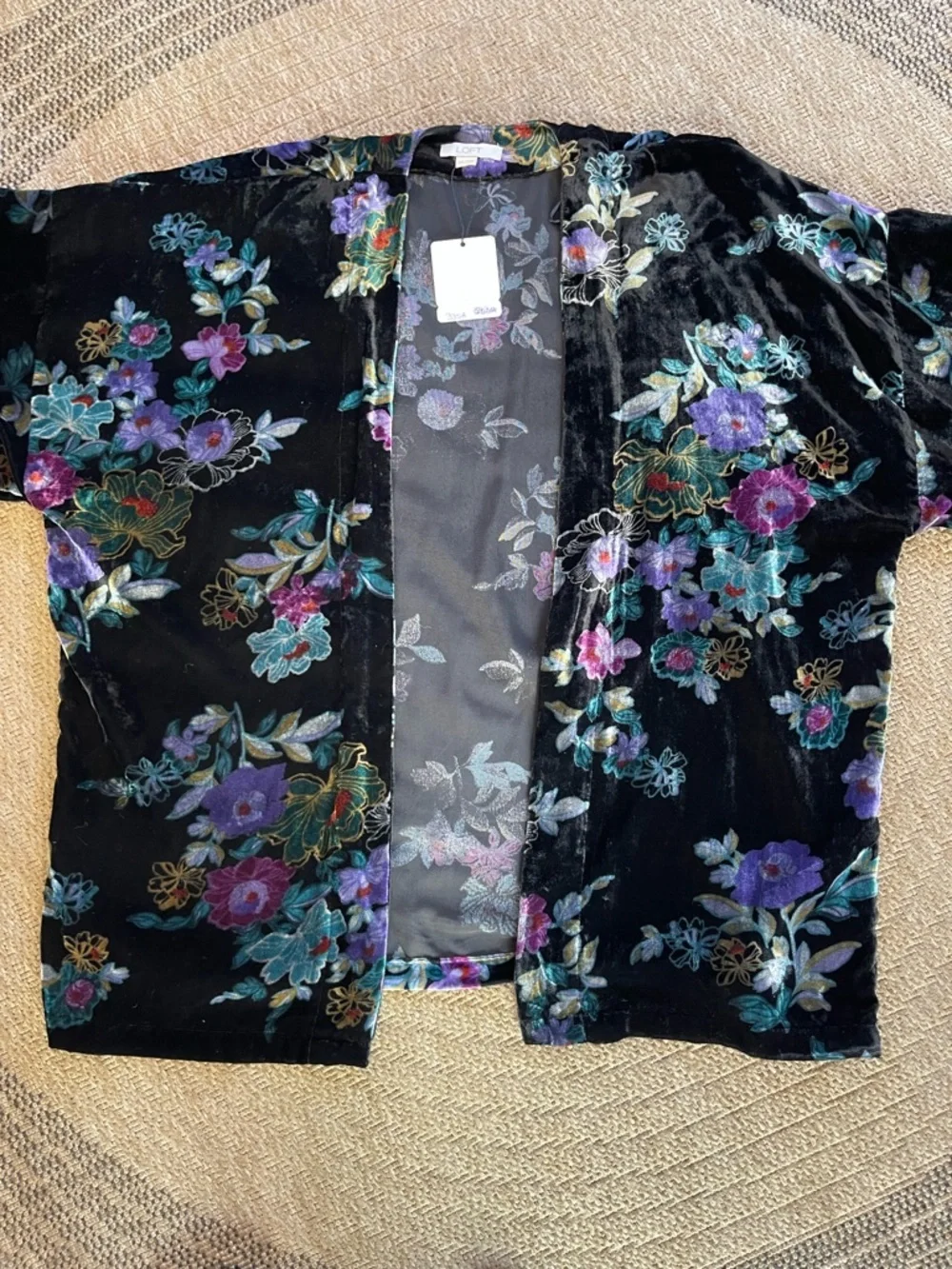LOFT black velvet floral kimono open cardigan vibrant multicolor jewel tone - Picture 7 of 10